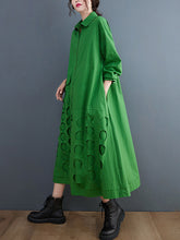 Asymmetric Hollow Polka-Dot Solid Color A-Line Long Sleeves Lapel Midi Dresses